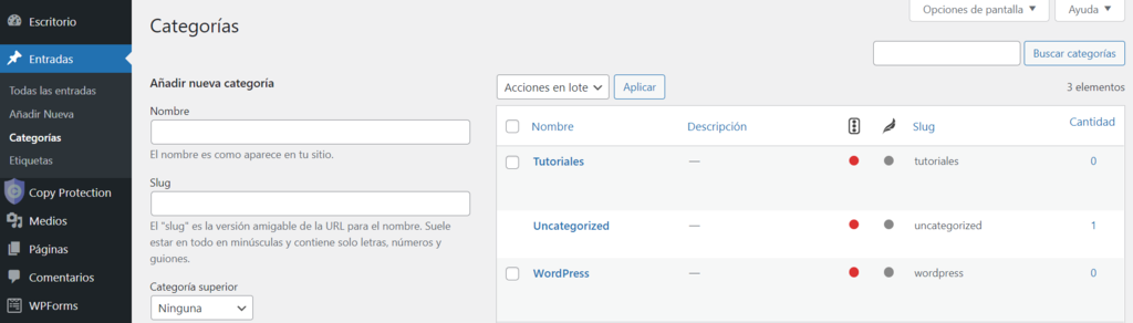 Opci&oacute;n del men&uacute; de WordPress para a&ntilde;adir categor&iacute;as