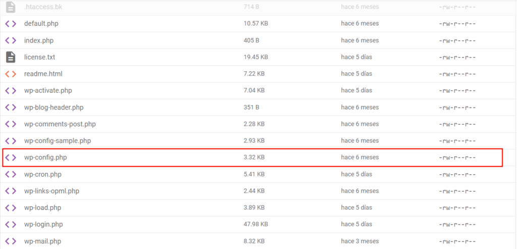 wp-config.php en el administrador de archivos de Hostinger