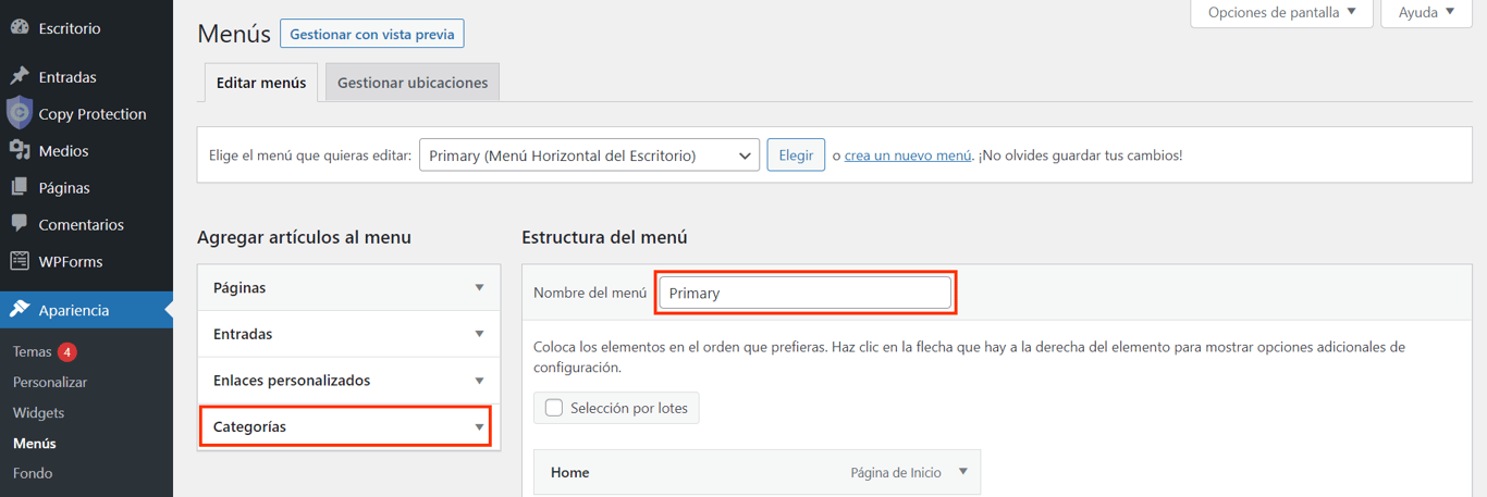 Opci&oacute;n para a&ntilde;adir categor&iacute;as en la secci&oacute;n de men&uacute;s