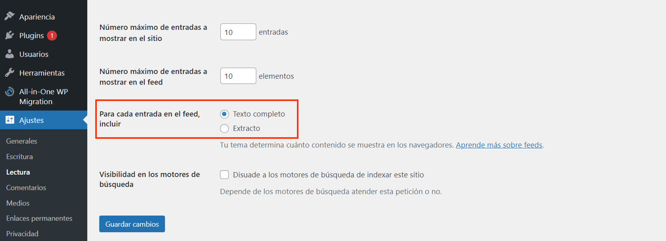 Opci&oacute;n para mostrar los extractos en el blog