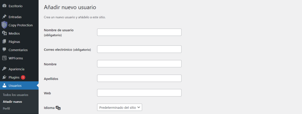 Secci&oacute;n de WordPress para a&ntilde;adir un nuevo usuario