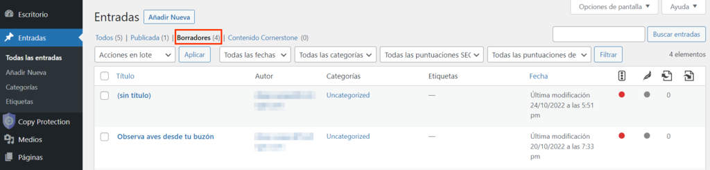 Visualización de las entradas que se encuentran como borrador