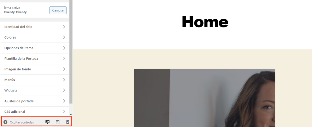 Opci&oacute;n personalizar en WordPress para ver la vista previa del sitio en diferentes dispositivos