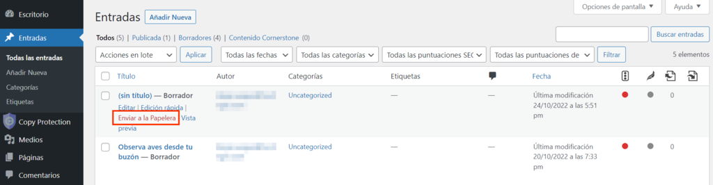 Opci&oacute;n para borrar una entrada de blog 