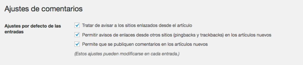 Configuración de discusión de WordPress para permitir pingbacks