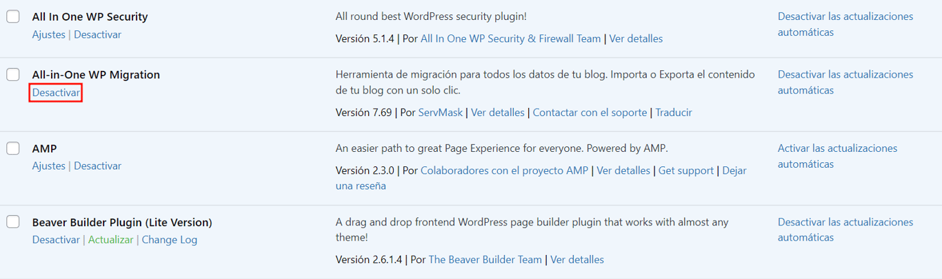 Visualización del botón para desactivar un plugin
