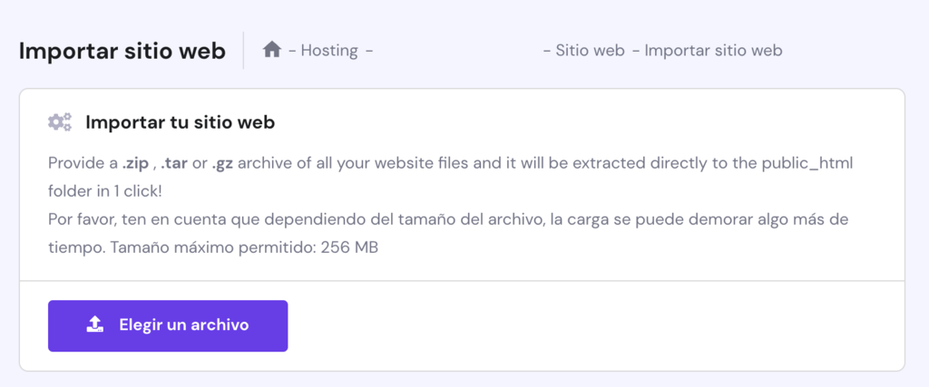 Funci&oacute;n de Importar web en hPanel