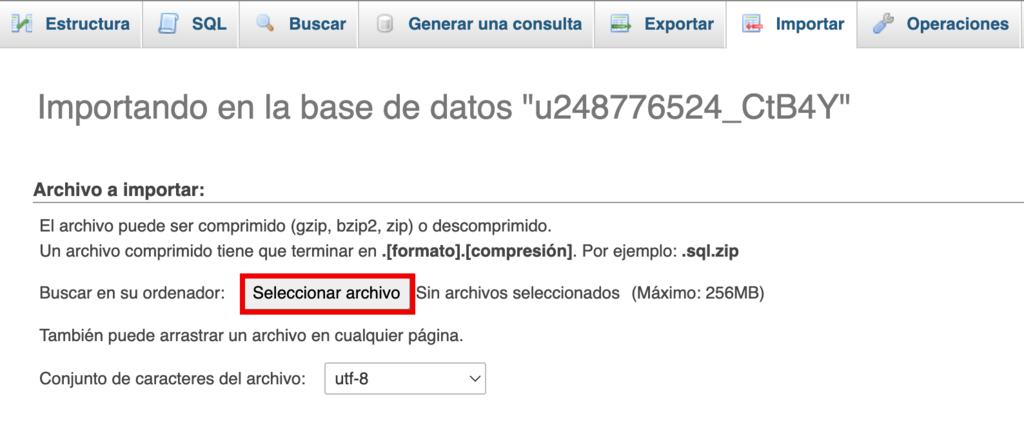 Secci&oacute;n de Importar en phpMyAdmin