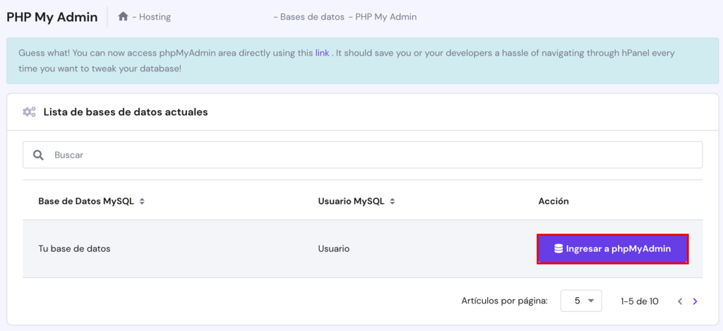 Secci&oacute;n de Lista de bases de datos actuales