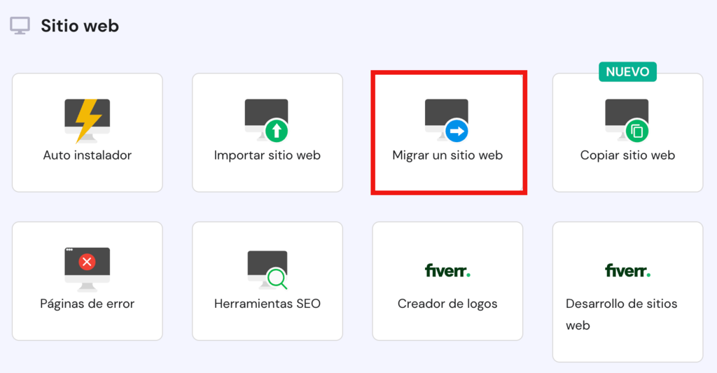 Opci&oacute;n de Migrar un sitio web en hPanel