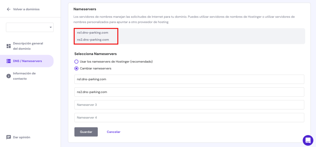 Secci&oacute;n de nameservers en hPanel
