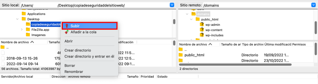 Opci&oacute;n de subir en FileZilla