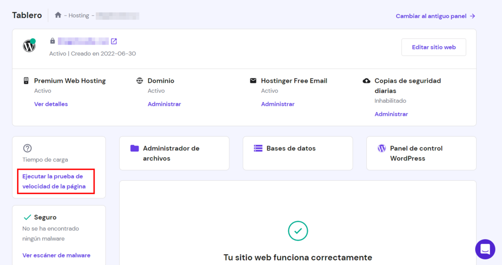 Funci&oacute;n para ejecutar pruebas de velocidad de p&aacute;gina en hPanel