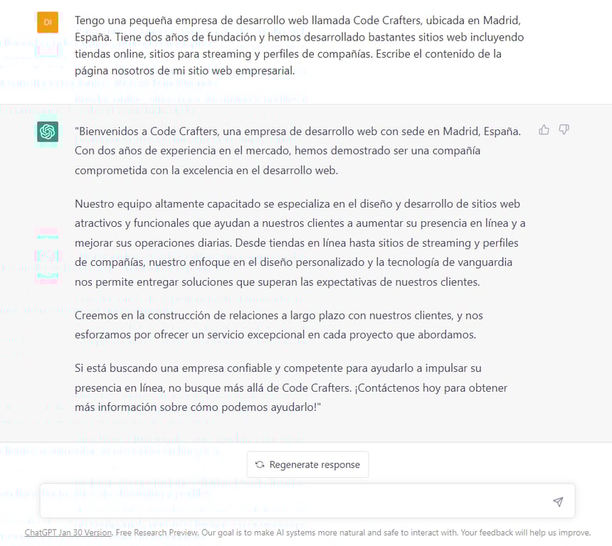Ejemplo de contenido creado por ChatGTP para una p&aacute;gina web