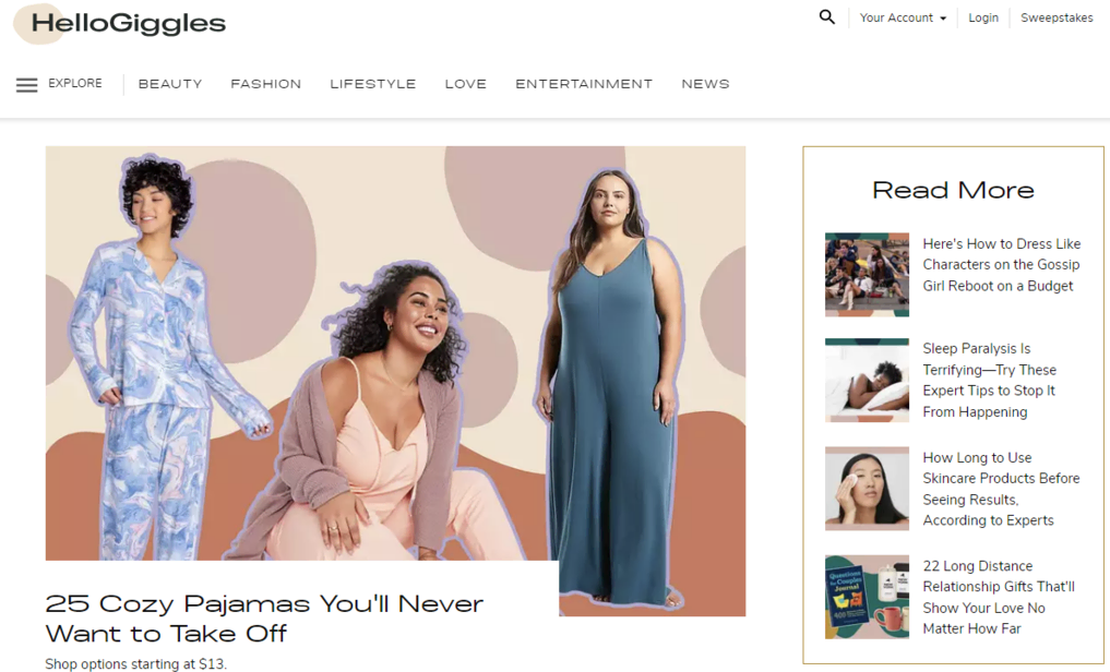 P&aacute;gina de inicio de HelloGiggles