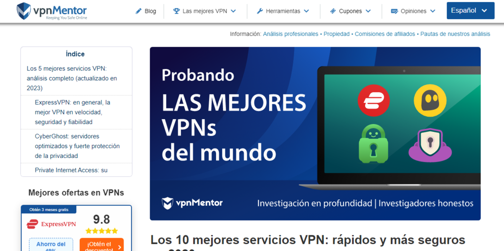 P&aacute;gina de inicio de VPNMentor