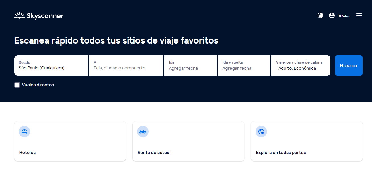P&aacute;gina de inicio del sitio web de afiliados Skyscanner
