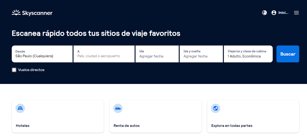 Página de inicio del sitio web de afiliados Skyscanner