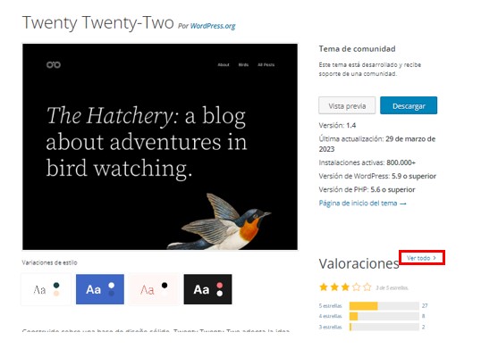 Ejemplo de valoraciones de un tema en WordPress