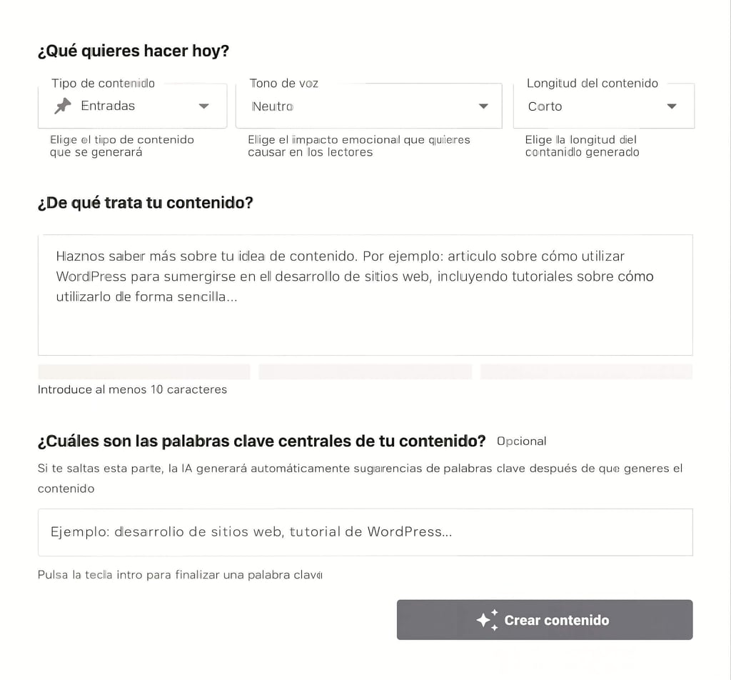 Interfaz de la herramienta Creador de contenido con IA de WordPress de Hostinger