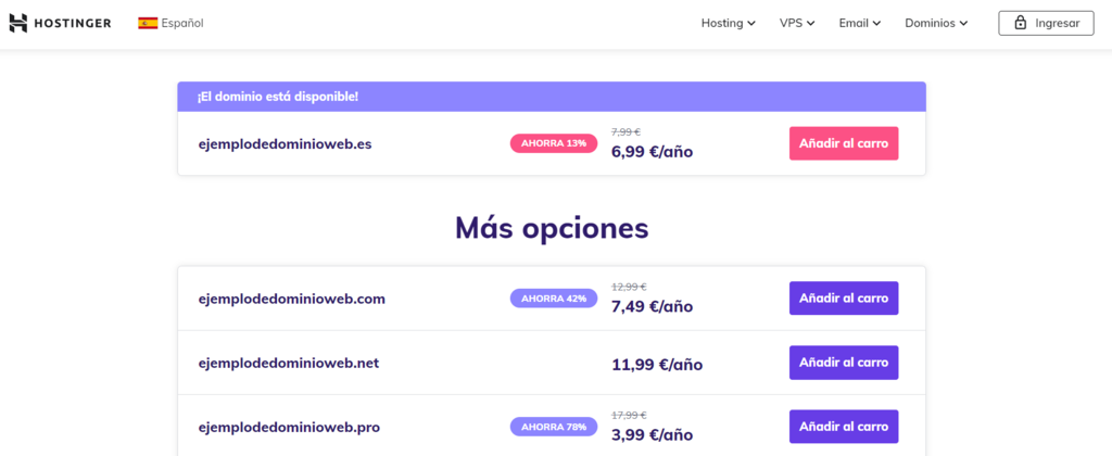 Ejemplo de buscar dominio web en Hostinger