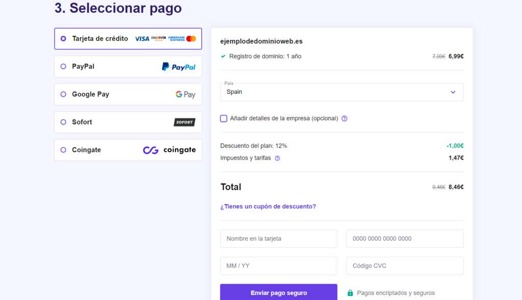 Paso 3 de la compra de un dominio en Hostinger