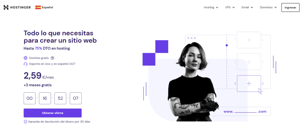 P&aacute;gina de inicio de Hostinger