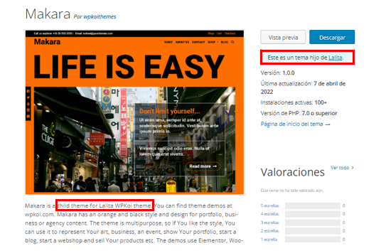 Visualizaci&oacute;n de un tema hijo en la p&aacute;gina de descarga de WordPress