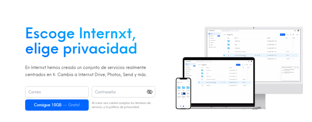 Página de inicio del servicio de almacenamiento Internxt
