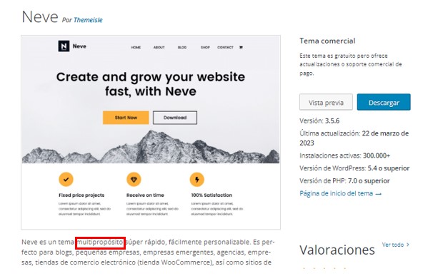 Caracter&iacute;sticas de Neve en la p&aacute;gina de descarga de WordPress