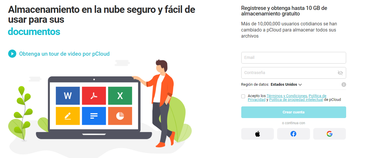 Página de inicio del servicio de alojamiento en la nube pCloud