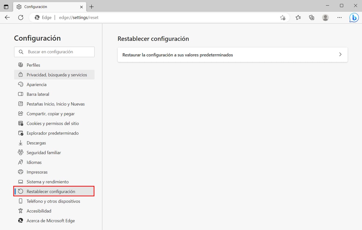 Visualización de la ventana para restablecer la configuración