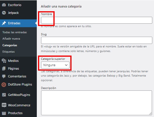 Vista previa de WordPress para a&ntilde;adir una nueva categor&iacute;a