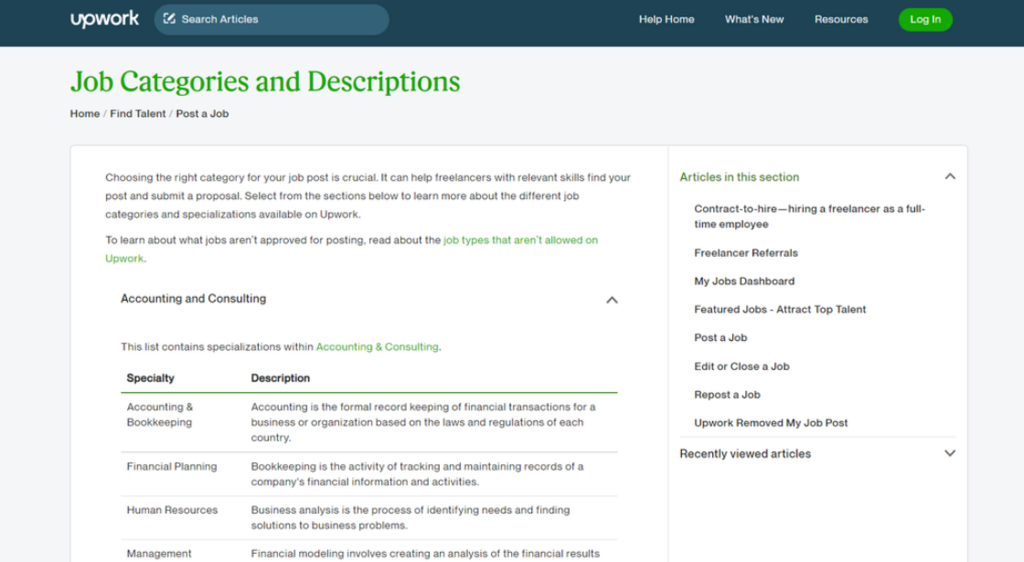 Categor&iacute;as de trabajos en Upwork