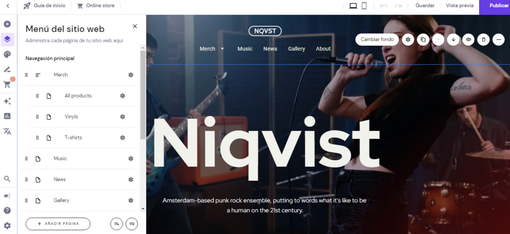 Menú del sitio en el creador de páginas web de Hostinger
