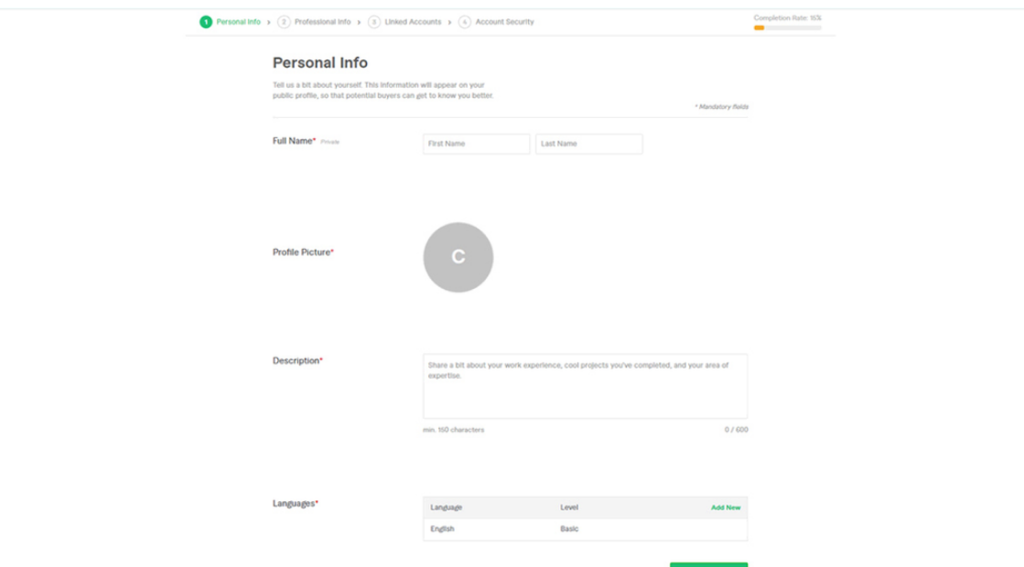 Formulario de registro de vendedor en Fiverr