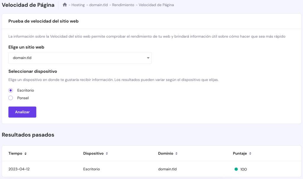 La página Page Speed en hPanel