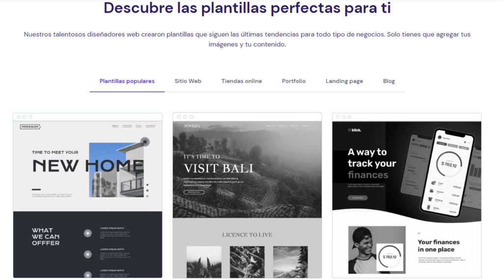 Secci&oacute;n de plantillas del sitio web de Hostinger