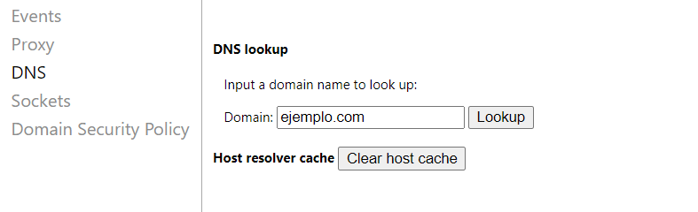 Sección para borrar la caché DNS de Google Chrome