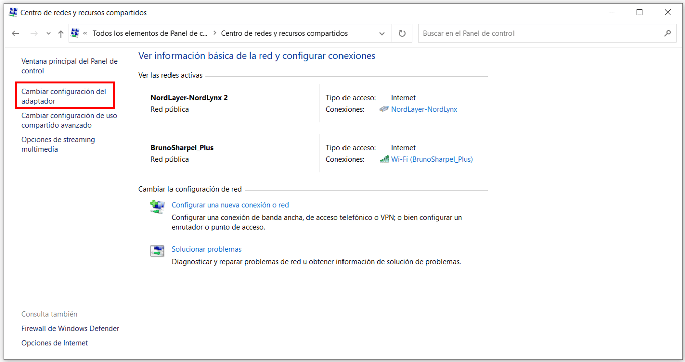 Centro de redes y recursos compartidos de Windows