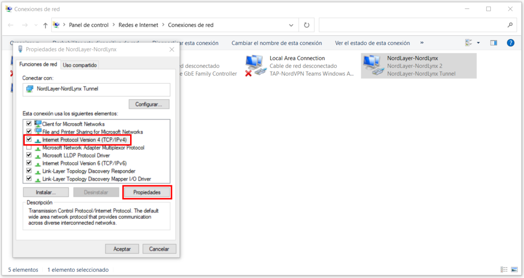 Propiedades de la red utilizada en Windows
