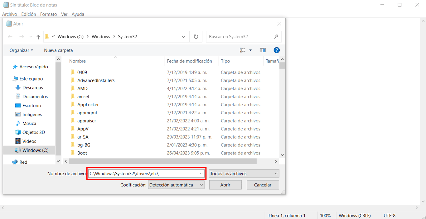 Sección Abrir del bloc de notas de Windows