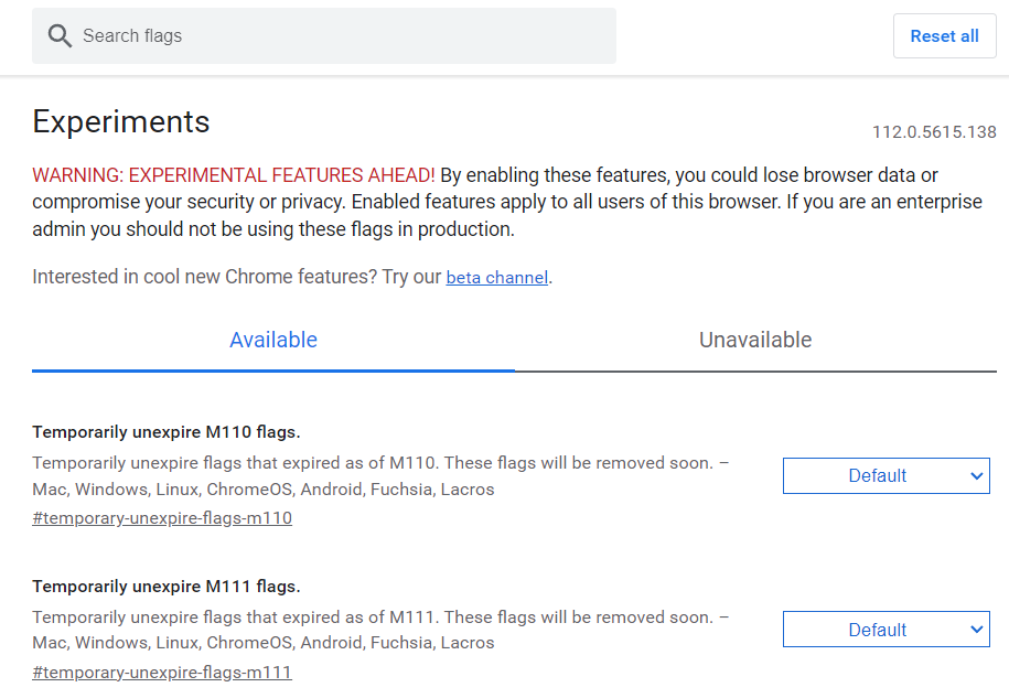 Sección Flags de Google Chrome