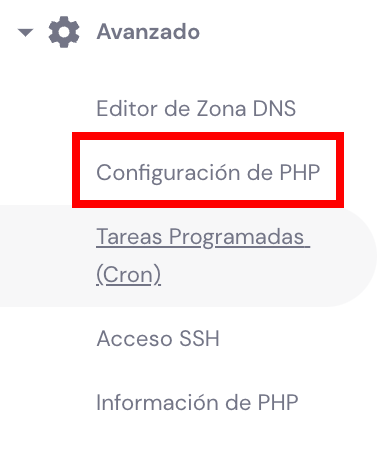 Configuraci&oacute;n PHP en hPanel