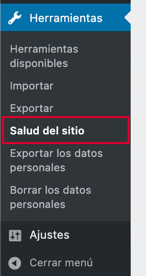 Men&uacute; de Herramientas del panel de control de WordPress