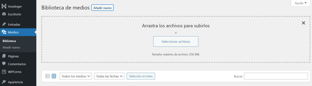 Opci&oacute;n medios dentro del escritorio de WordPress