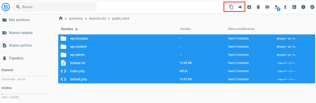 Explicación de cómo copiar o mover archivos en el Administrador de Archivos de Hostinger
