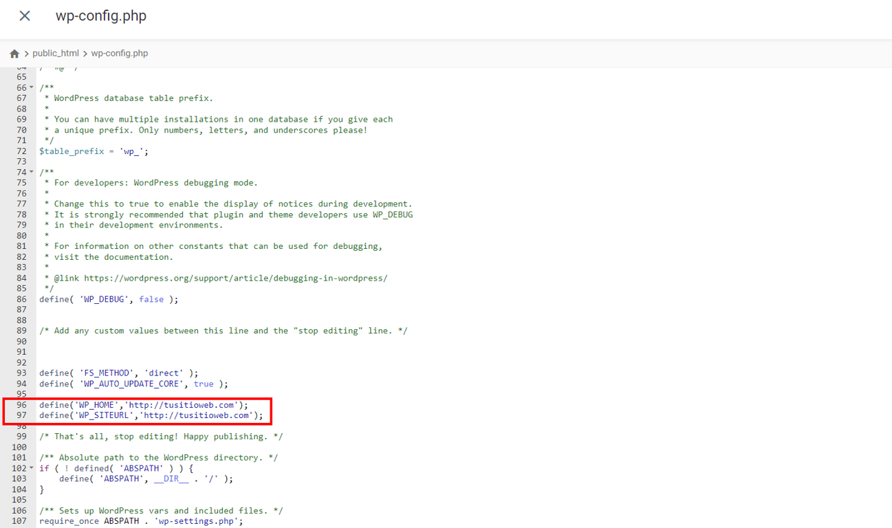 Carpeta wp-config.php en el Administrador de archivos de Hostinger