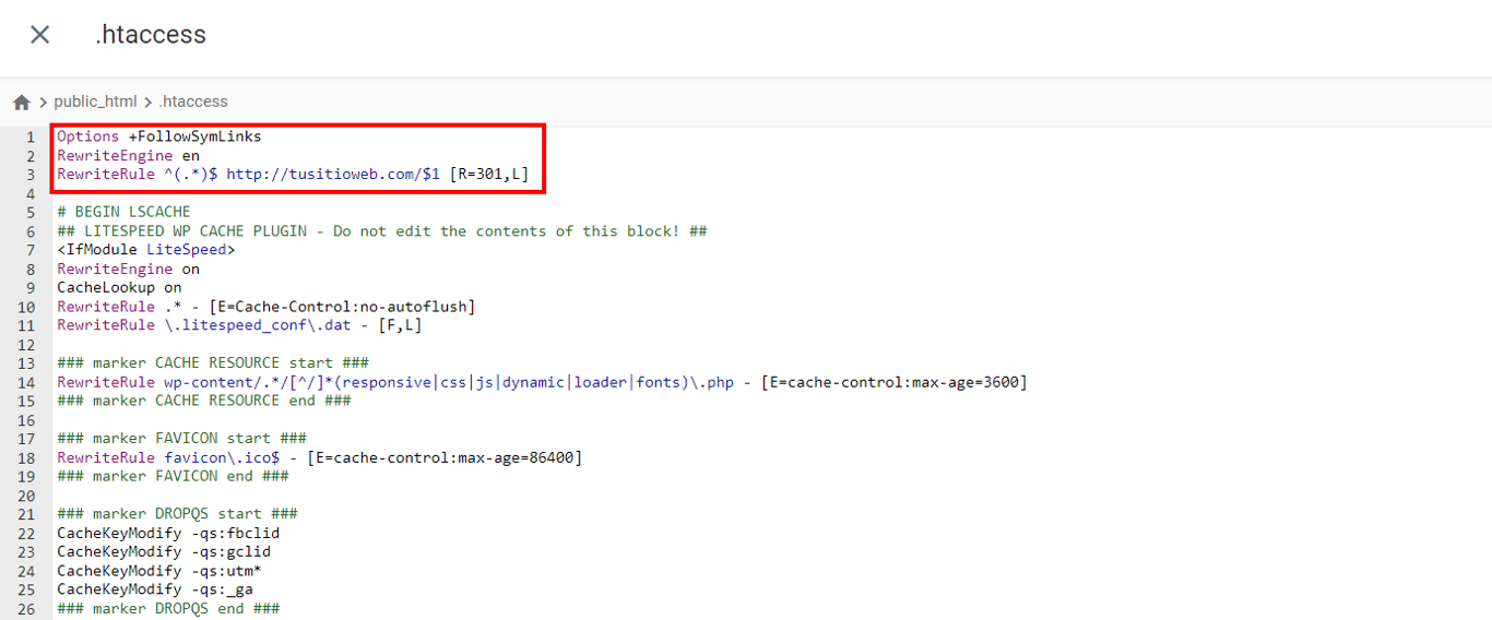 Edición del archivo .htaccess para hacer una redirección 301