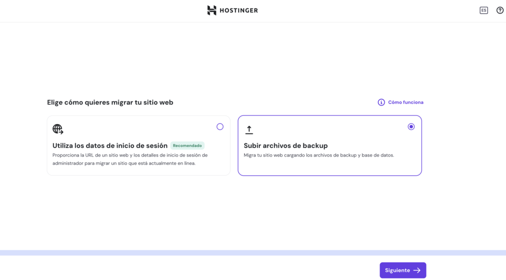 Opciones de migraci&oacute;n de Hostinger